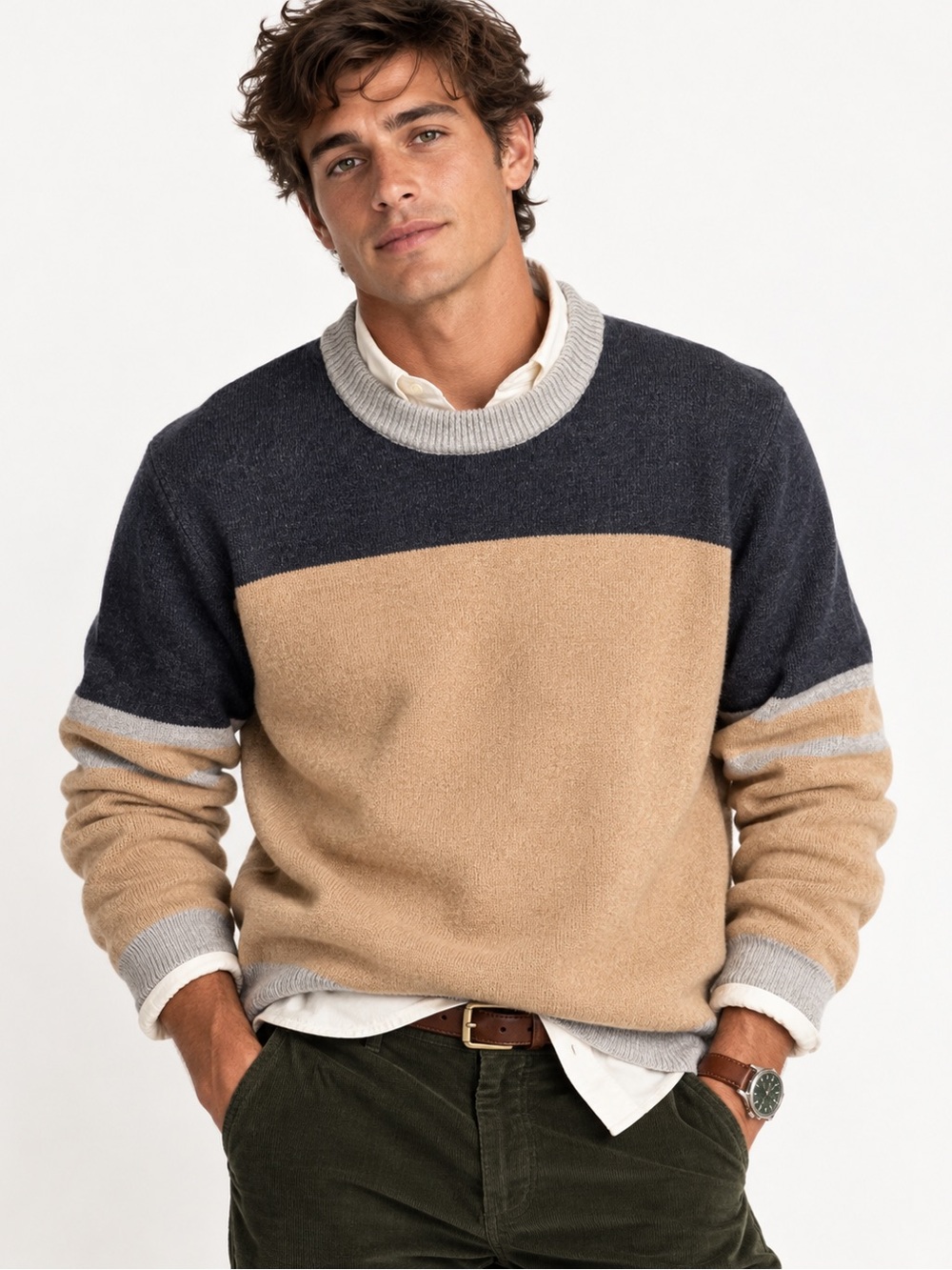 J. Crew Colorblock Crewneck Sweater in Navy, Camel & Light Gray